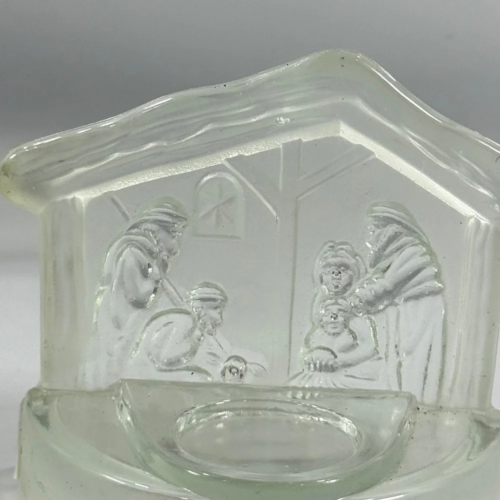 VTG Nativity Scene Votive Holder Frosted Glass Christmas Religious‎ Decor Small